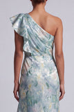 Robe longue de la mère de la mariée à volants de sirène vert clair et fleurie