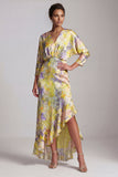 Robe de la mère de la mariée à col en V jaune à volants hauts bas