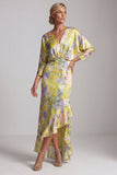 Robe de la mère de la mariée à col en V jaune à volants hauts bas