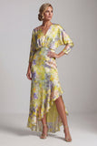 Robe de la mère de la mariée à col en V jaune à volants hauts bas