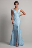 Robe de la mère de la mariée à manches de sirène bleue avec fente