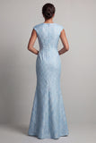 Robe de la mère de la mariée à manches de sirène bleue avec fente
