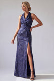 Robe de la mère de la mariée en mermaid à revers pointé en sirène en sirène à point, violet foncé,