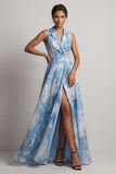 Robe de la mère de la mariée à revers cranté bleu lac