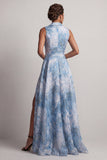 Robe de la mère de la mariée à revers cranté bleu lac