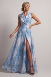 Robe de la mère de la mariée à revers cranté bleu lac