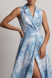 Robe de la mère de la mariée à revers cranté bleu lac