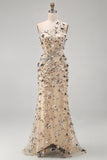 Robe Maxi haute basse en abricot à une épaule avec des appliques 3D