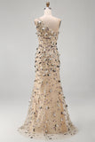Robe Maxi haute basse en abricot à une épaule avec des appliques 3D