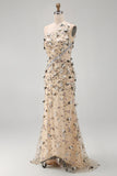 Robe Maxi haute basse en abricot à une épaule avec des appliques 3D