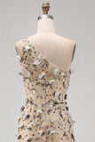 Robe Maxi haute basse en abricot à une épaule avec des appliques 3D