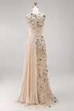 Robe de cérémonie longue abricot à col rond illusion, avec plis, paillettes et appliqués 3D