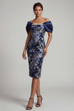 Robe bleu marine à fleurs moulantes midi Mother Of the Bride avec perles