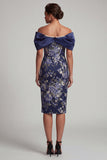 Robe bleu marine à fleurs moulantes midi Mother Of the Bride avec perles