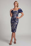 Robe bleu marine à fleurs moulantes midi Mother Of the Bride avec perles