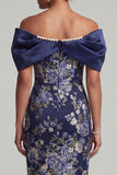 Robe bleu marine à fleurs moulantes midi Mother Of the Bride avec perles