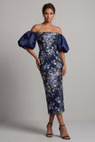 Robe midi midi Mother of the Bride Bodycon bleu marine à épaules dénudées, manches bouffantes