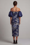 Robe midi midi Mother of the Bride Bodycon bleu marine à épaules dénudées, manches bouffantes