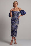 Robe midi midi Mother of the Bride Bodycon bleu marine à épaules dénudées, manches bouffantes