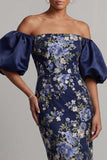 Robe midi midi Mother of the Bride Bodycon bleu marine à épaules dénudées, manches bouffantes