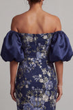 Robe midi midi Mother of the Bride Bodycon bleu marine à épaules dénudées, manches bouffantes