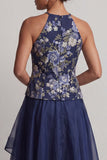 Robe A-Line à fleurs fleuries, col haut et bas en mode Mother of the Bride
