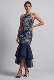 Robe longue de la mère de la mariée à col fleuri fleuri bleu marine à col nu