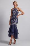 Robe longue de la mère de la mariée à col fleuri fleuri bleu marine à col nu