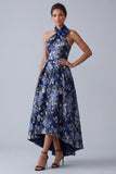 Robe A-Line à col nu fleuri bleu marine, Jacquard haute basse Mother Of the Bride