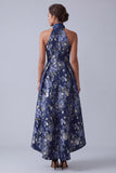 Robe A-Line à col nu fleuri bleu marine, Jacquard haute basse Mother Of the Bride