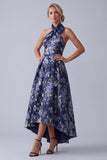 Robe A-Line à col nu fleuri bleu marine, Jacquard haute basse Mother Of the Bride