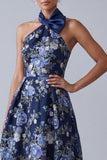 Robe A-Line à col nu fleuri bleu marine, Jacquard haute basse Mother Of the Bride