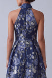 Robe A-Line à col nu fleuri bleu marine, Jacquard haute basse Mother Of the Bride