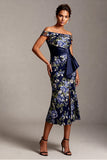 Robe mère de la mariée midi sirène marine marine fleurie Jacquard midi avec fente