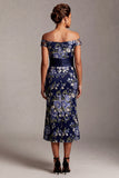 Robe mère de la mariée midi sirène marine marine fleurie Jacquard midi avec fente