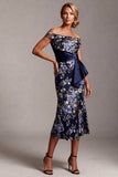 Robe mère de la mariée midi sirène marine marine fleurie Jacquard midi avec fente