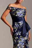 Robe mère de la mariée midi sirène marine marine fleurie Jacquard midi avec fente