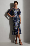 Robe mère de la mariée à fête de mer marine fleur jacquard batout, collé midi de la mère de la mariée