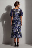 Robe mère de la mariée à fête de mer marine fleur jacquard batout, collé midi de la mère de la mariée