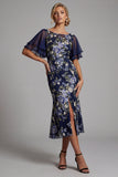 Robe mère de la mariée à fête de mer marine fleur jacquard batout, collé midi de la mère de la mariée