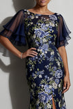 Robe mère de la mariée à fête de mer marine fleur jacquard batout, collé midi de la mère de la mariée