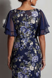 Robe mère de la mariée à fête de mer marine fleur jacquard batout, collé midi de la mère de la mariée