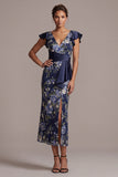 Robe de la mère de la mariée en mer marine fleurie en V à col en V de la Mère de la Mariée avec fente