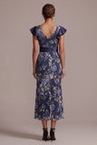 Robe de la mère de la mariée en mer marine fleurie en V à col en V de la Mère de la Mariée avec fente