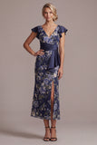 Robe de la mère de la mariée en mer marine fleurie en V à col en V de la Mère de la Mariée avec fente