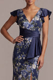 Robe de la mère de la mariée en mer marine fleurie en V à col en V de la Mère de la Mariée avec fente