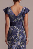Robe de la mère de la mariée en mer marine fleurie en V à col en V de la Mère de la Mariée avec fente