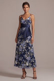 Robe midi Mother Of the Bride Rose à fines fines bleu marine en A-Line
