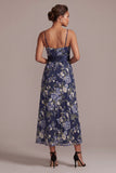 Robe midi Mother Of the Bride Rose à fines fines bleu marine en A-Line