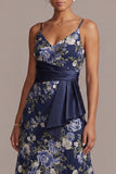 Robe midi Mother Of the Bride Rose à fines fines bleu marine en A-Line